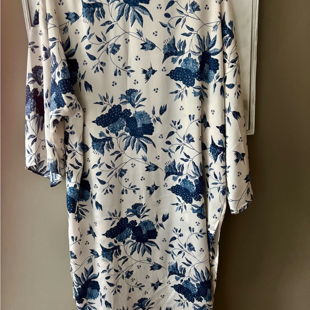 Navy Blue and White Botanical Floral Boho Duster Coverup XS